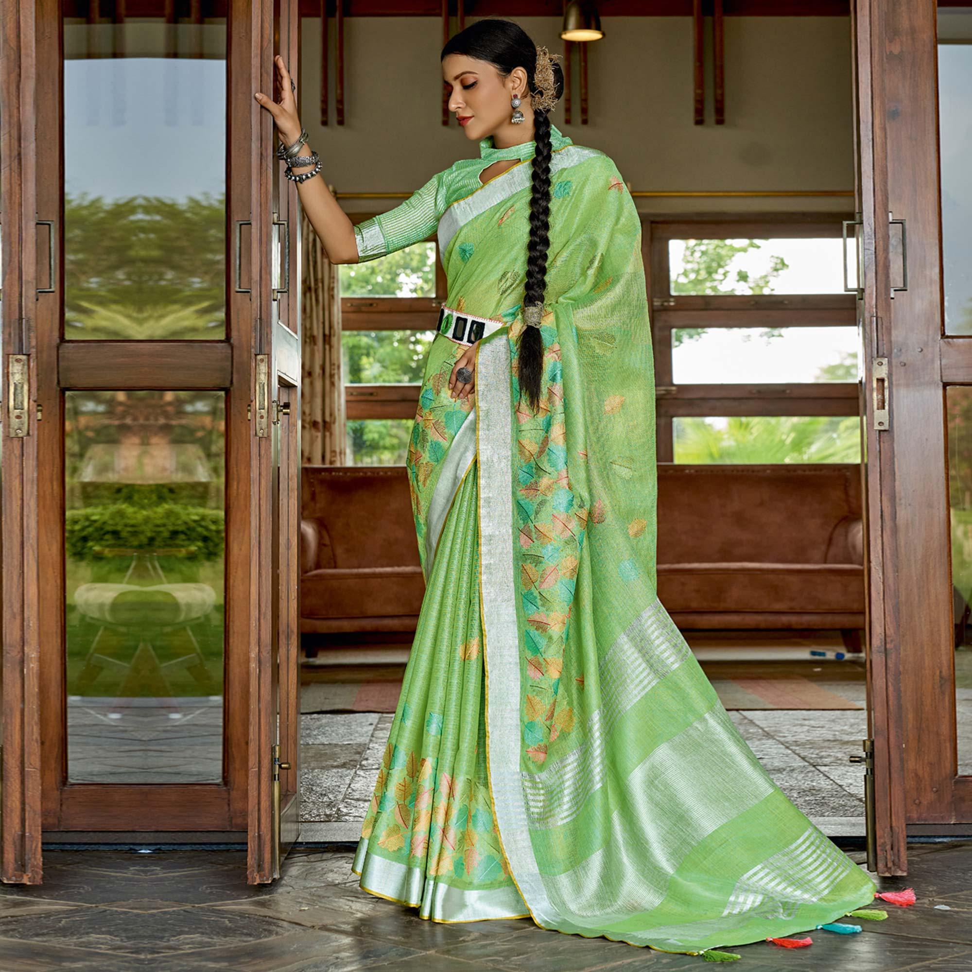 Green Woven Linen Saree With Tassels - Peachmode