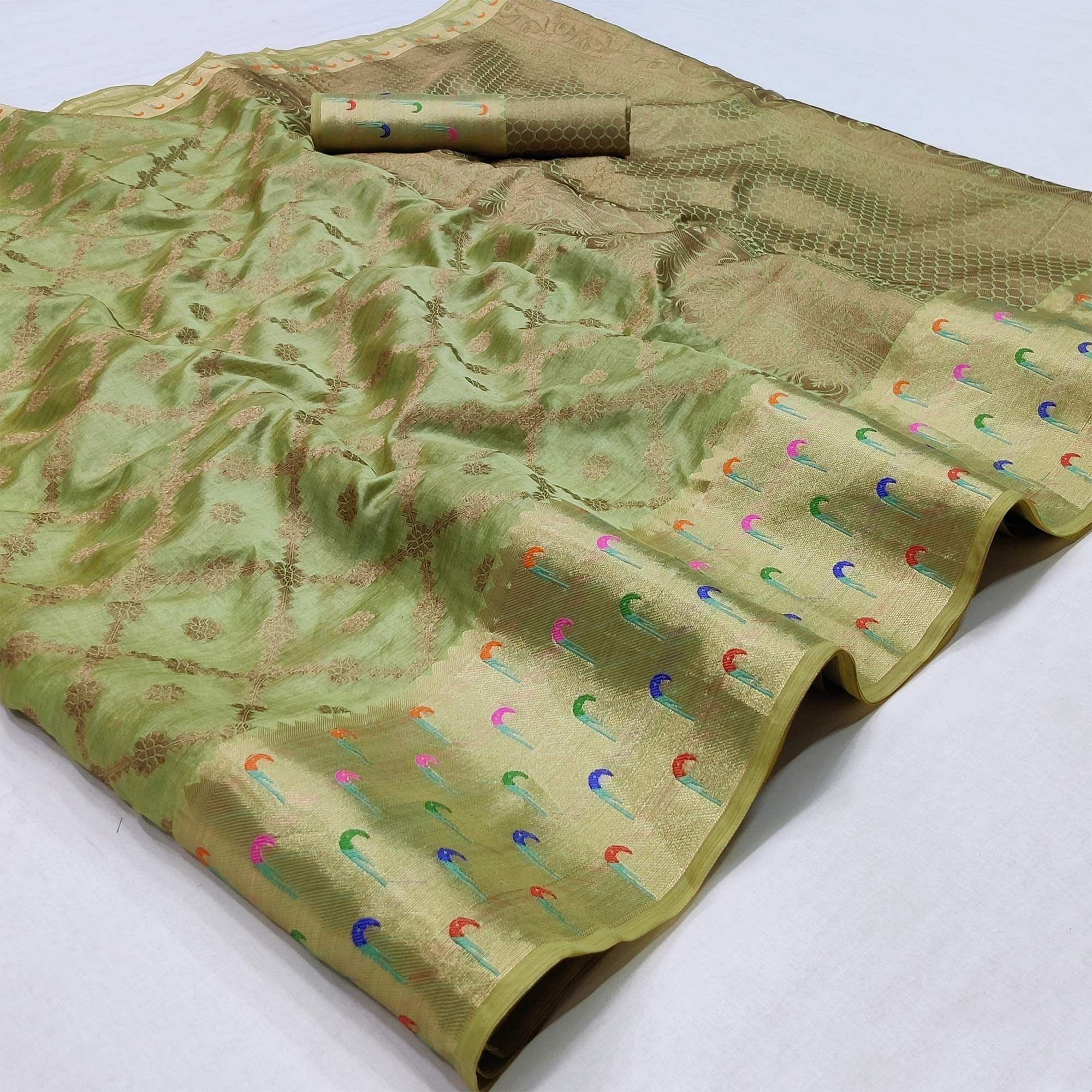 Green Woven Organza Saree - Peachmode