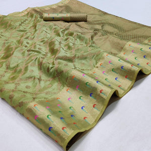 Green Woven Organza Saree - Peachmode