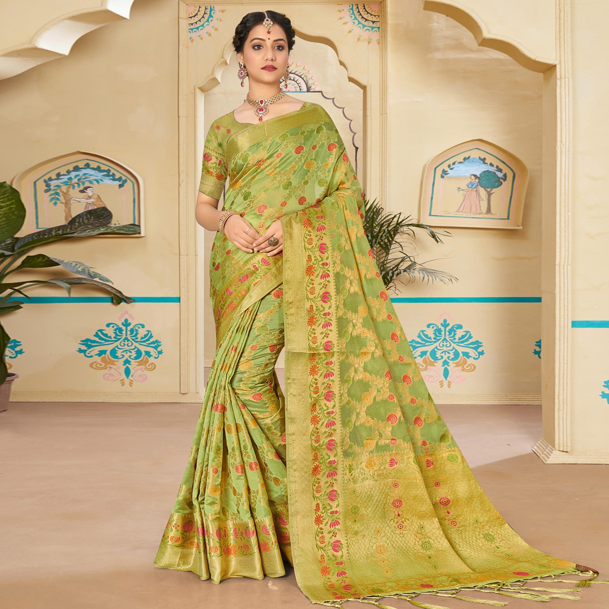 Green Woven Organza Saree - Peachmode