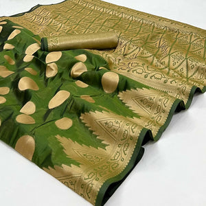Green Woven Organza Saree - Peachmode