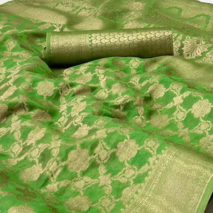 Green Woven Organza Saree - Peachmode