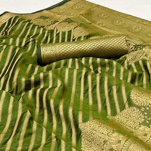 Green Woven Organza Saree - Peachmode