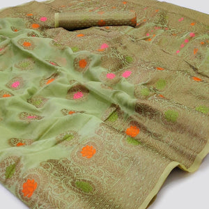 Green Woven Organza Saree - Peachmode