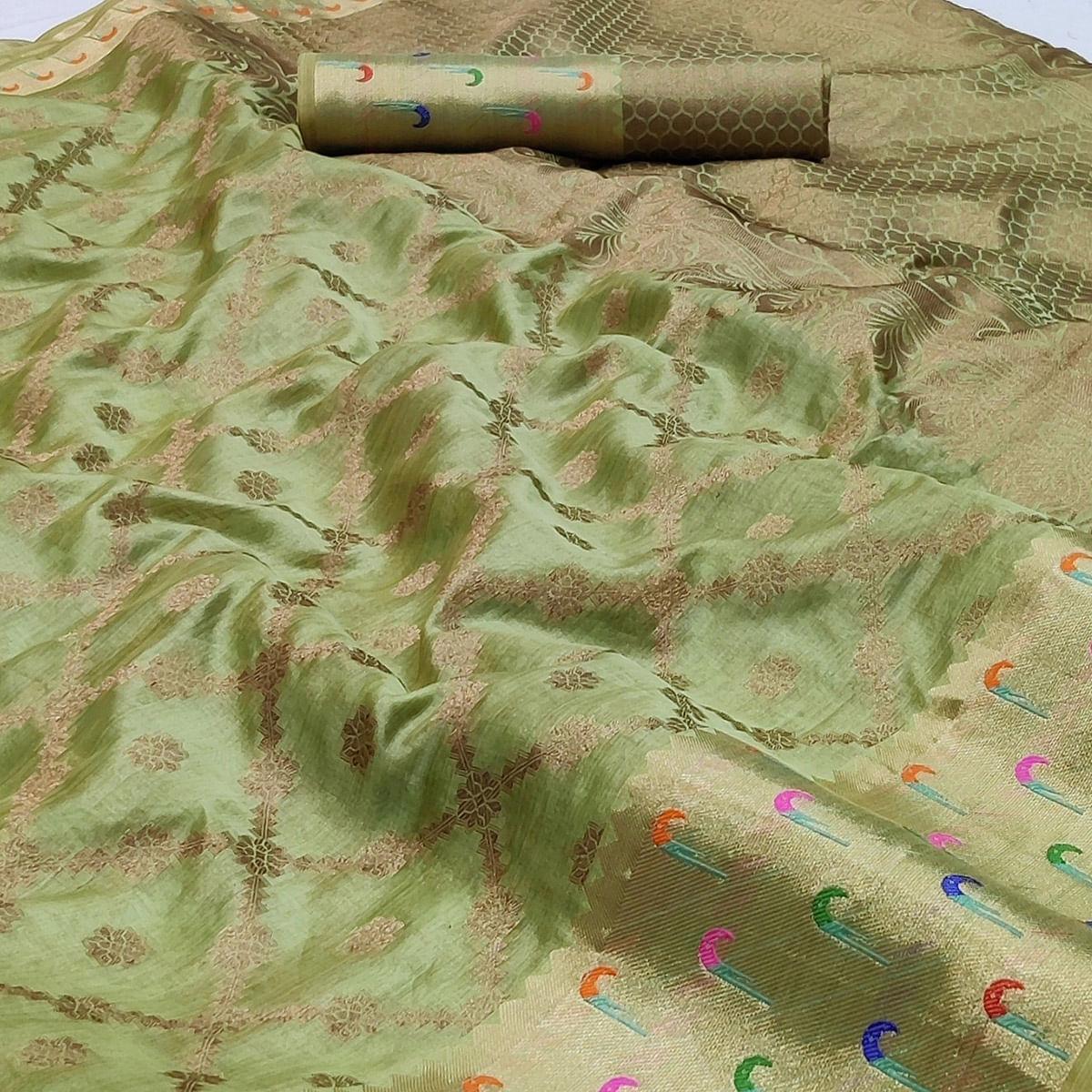 Green Woven Organza Saree - Peachmode