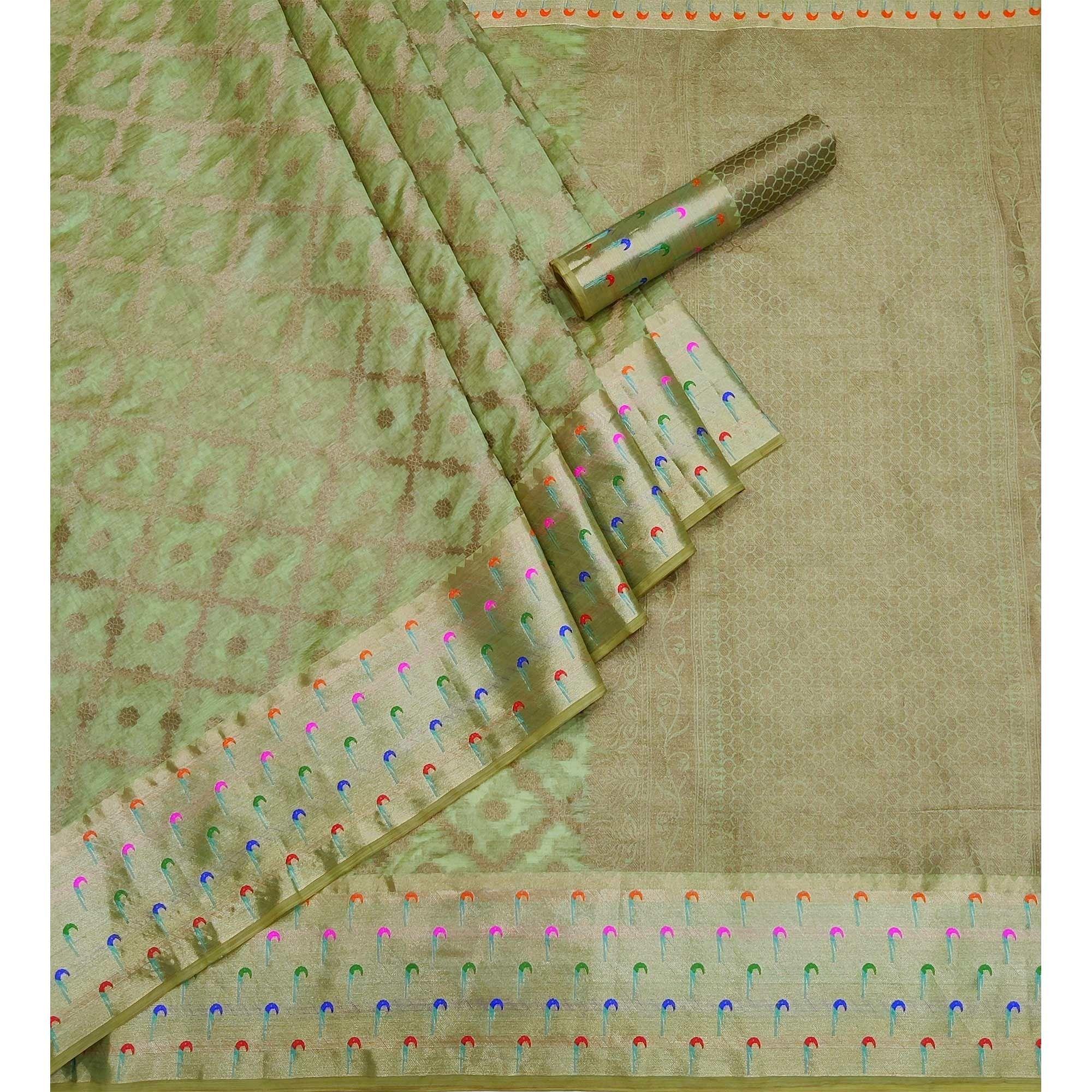 Green Woven Organza Saree - Peachmode