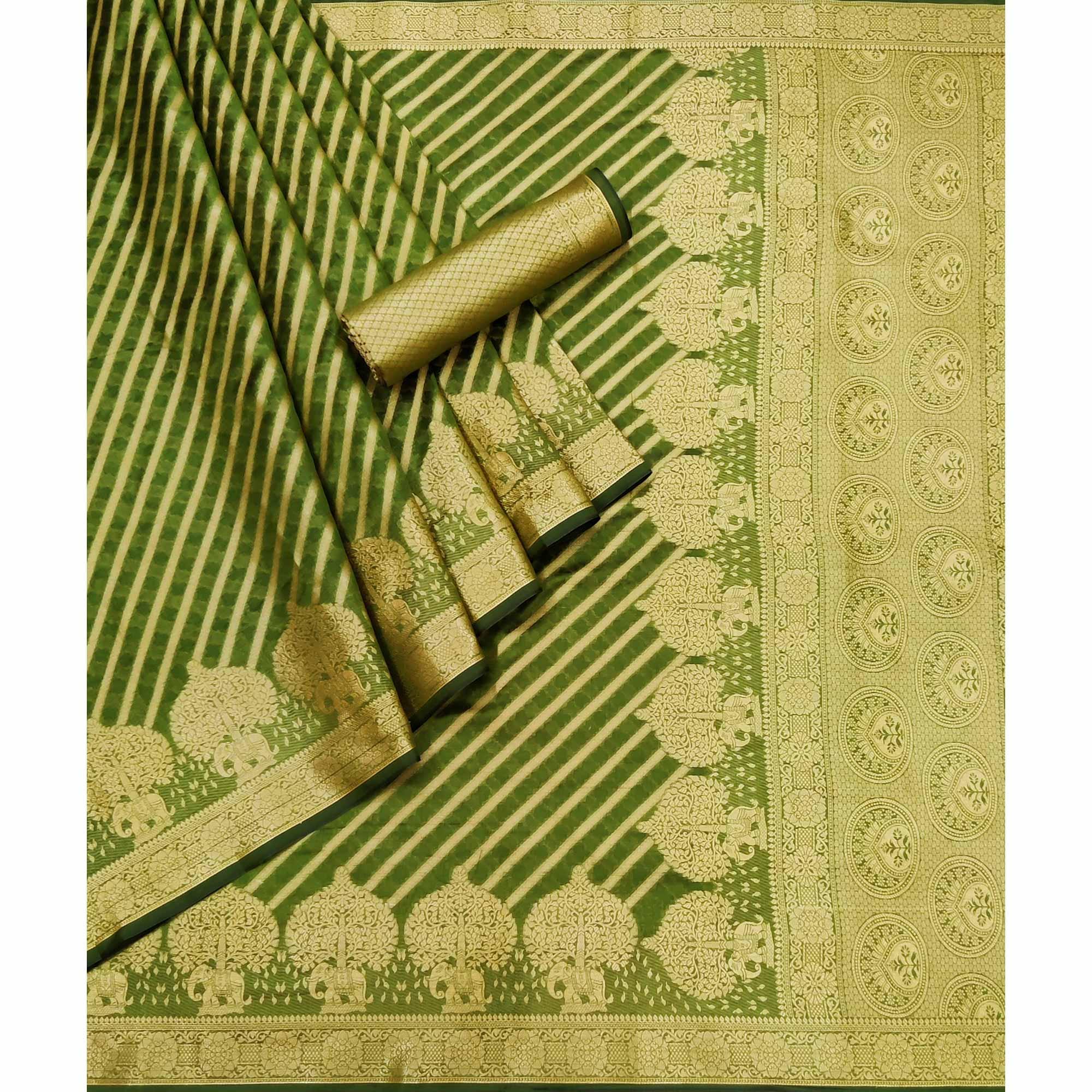 Green Woven Organza Saree - Peachmode