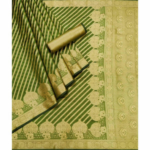 Green Woven Organza Saree - Peachmode