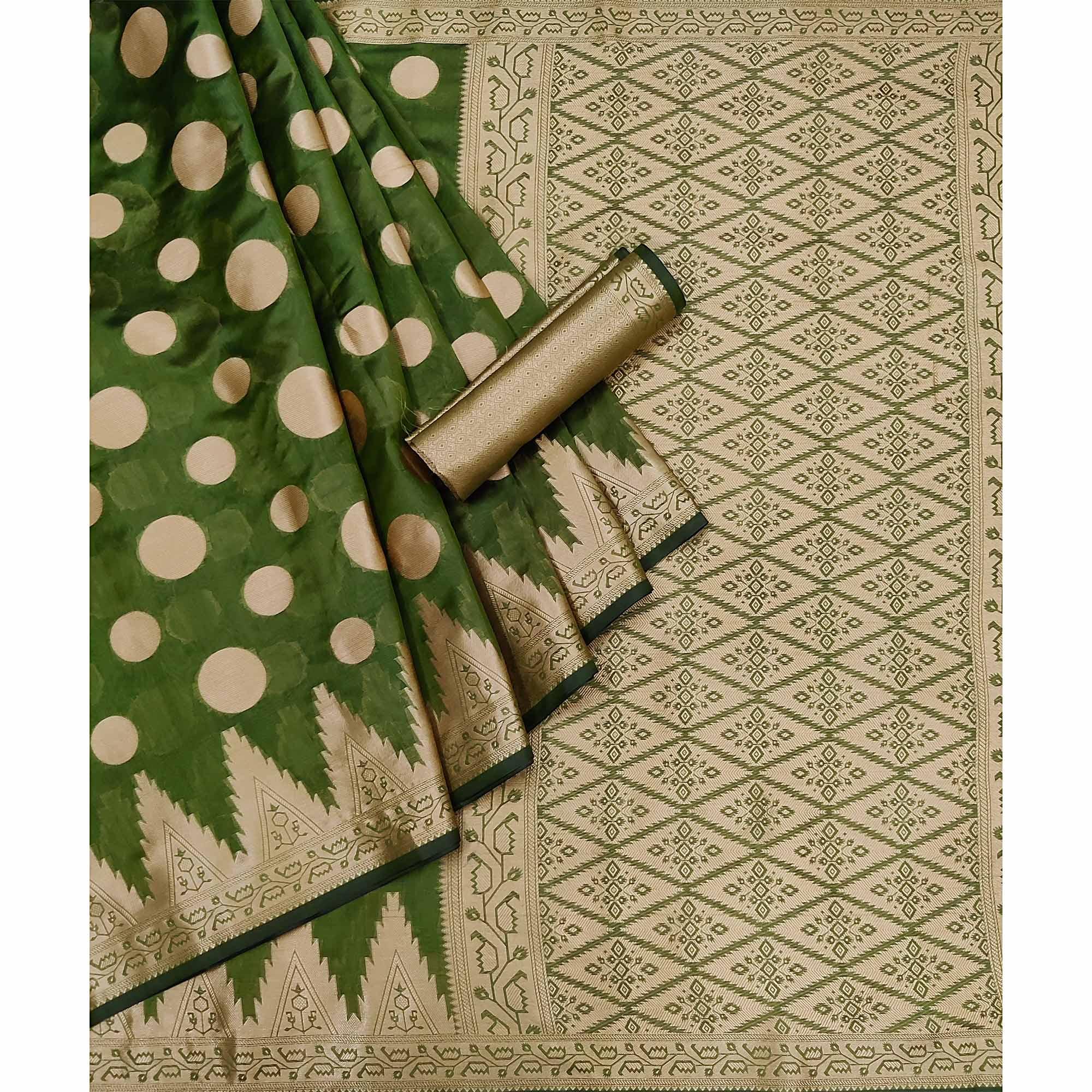 Green Woven Organza Saree - Peachmode