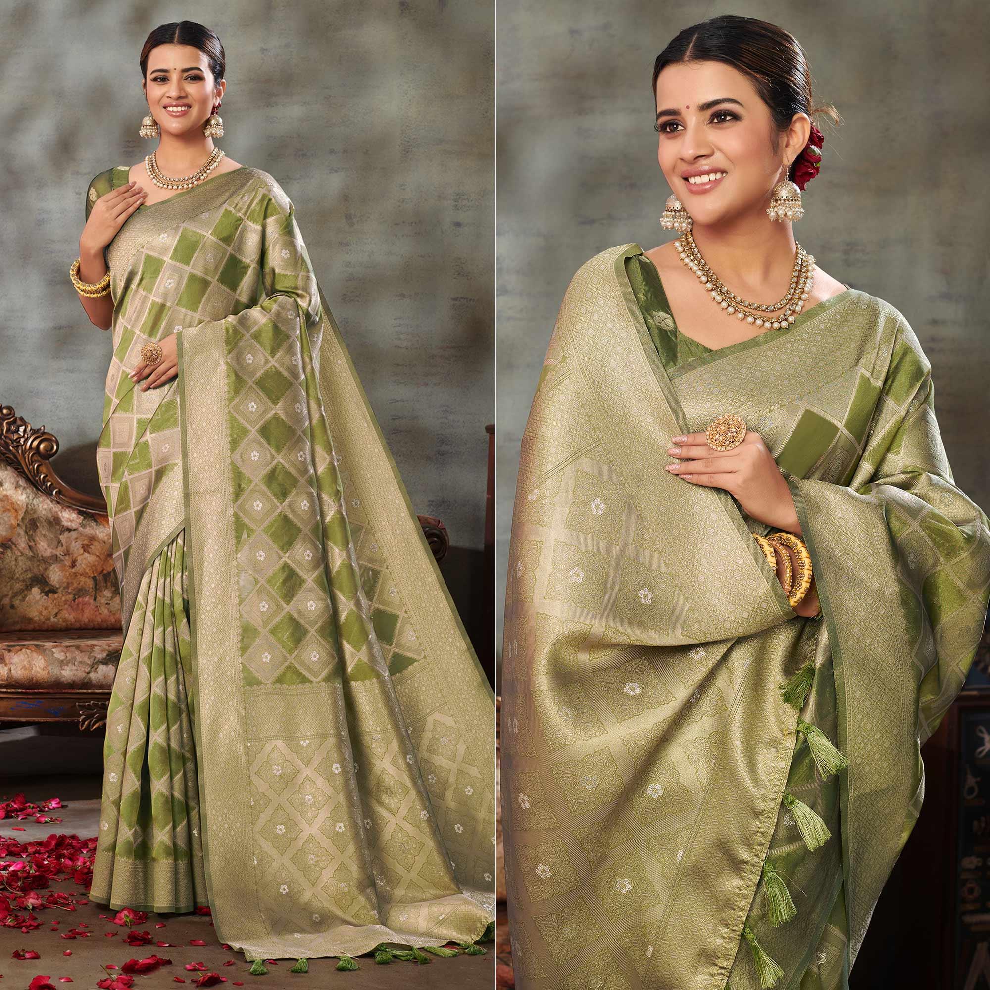Green Woven Organza Saree With Tassels - Peachmode