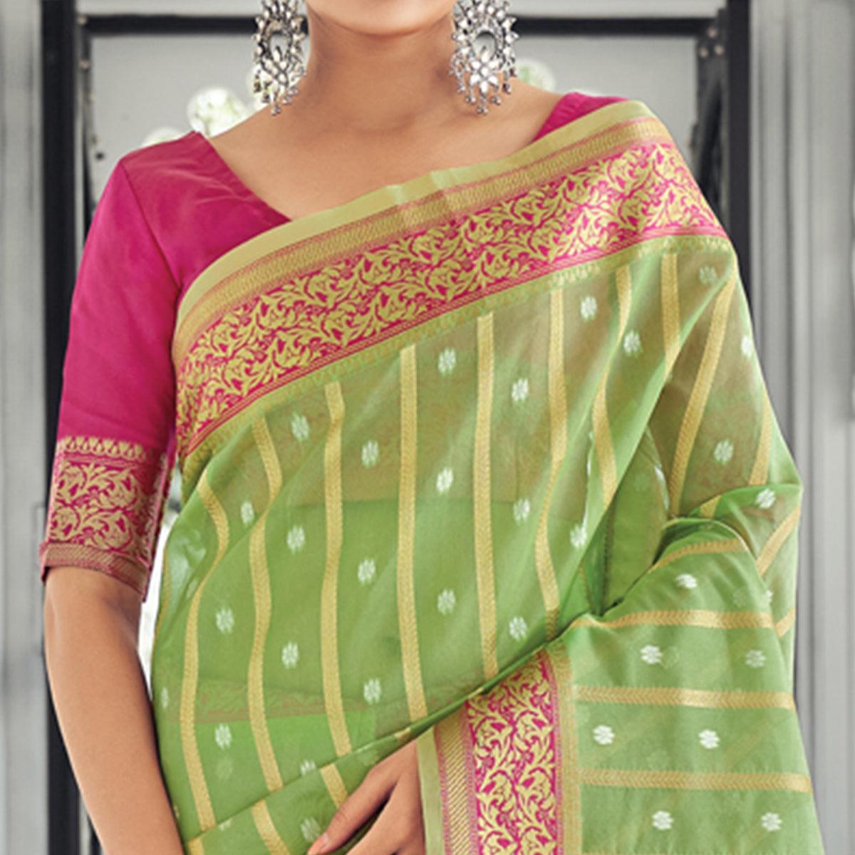 Green Woven Organza Saree With Tassels - Peachmode