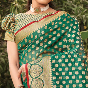 Green Woven Organza Saree with Tassels - Peachmode