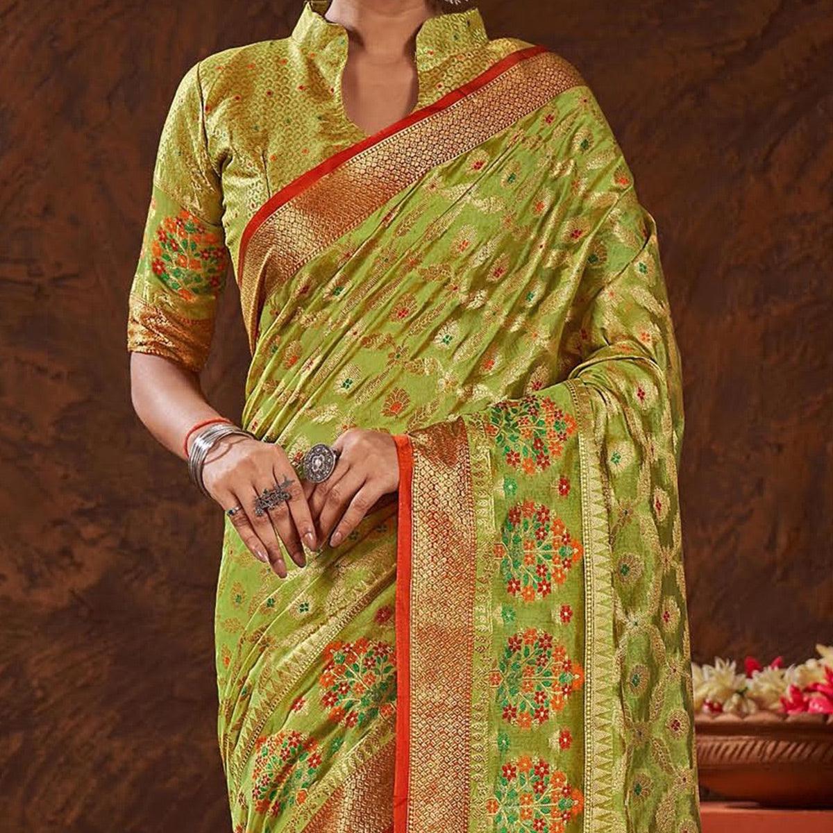 Green Woven Organza Saree With Tassels - Peachmode