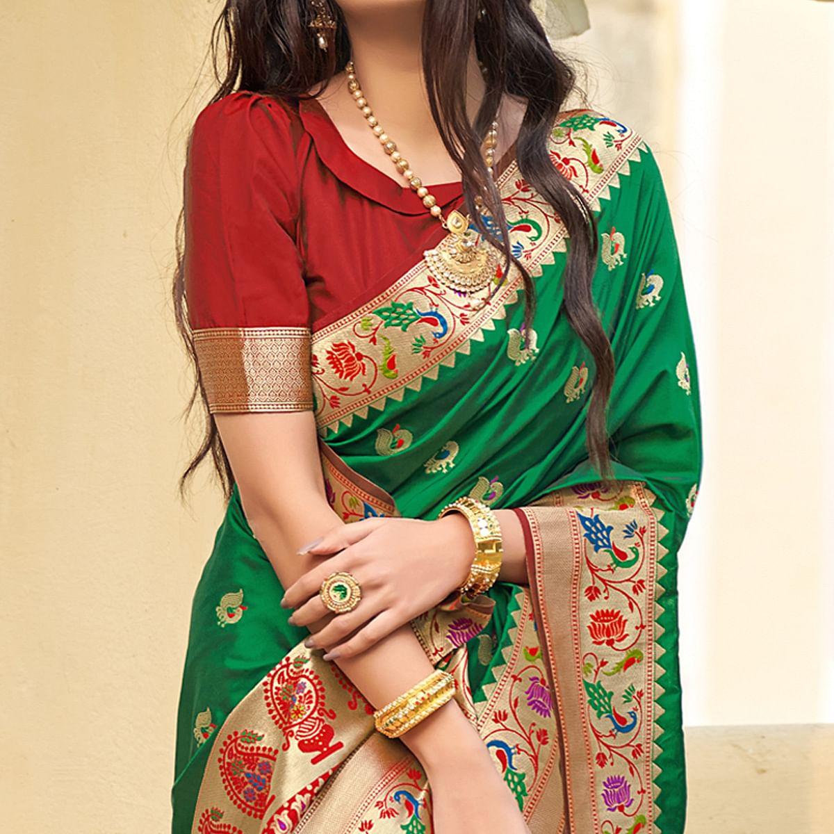 Green Woven Paithani Saree - Peachmode