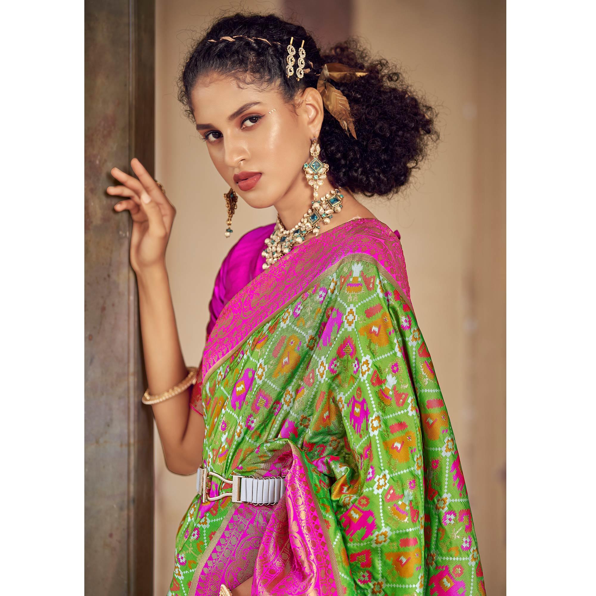 Green Woven Patola Art Silk Saree - Peachmode