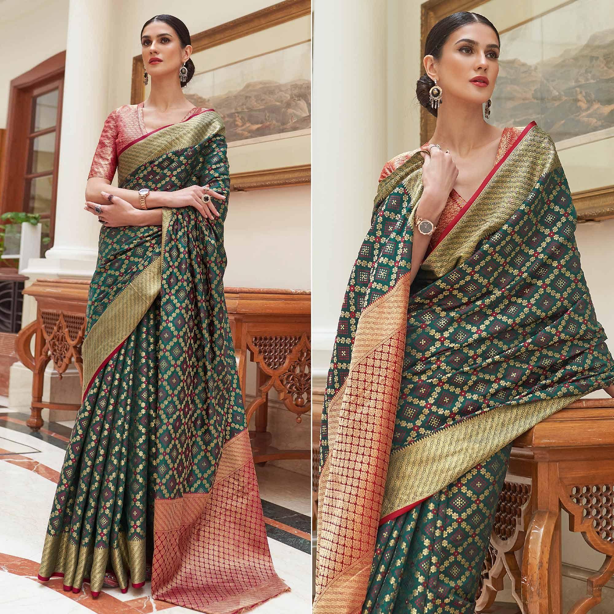 Green Woven Patola Banarasi Silk Saree - Peachmode