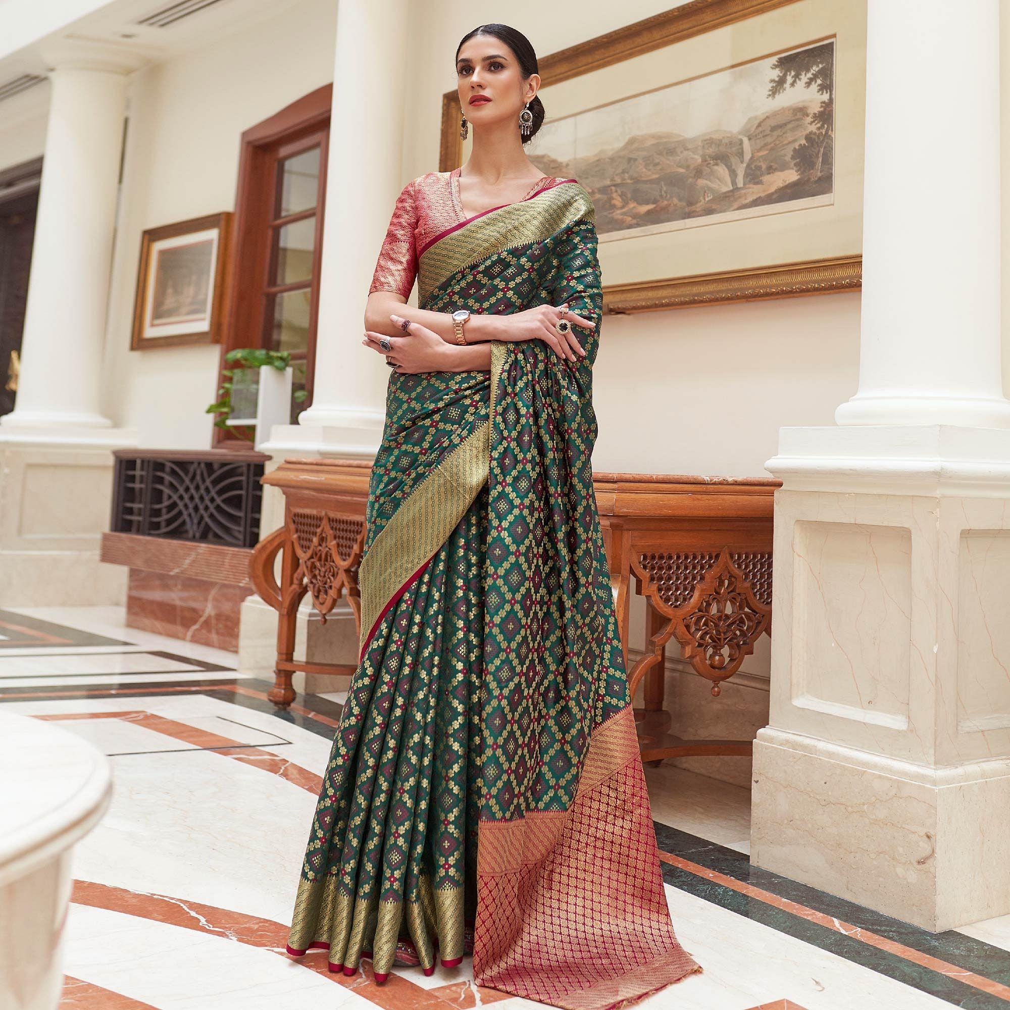 Green Woven Patola Banarasi Silk Saree - Peachmode