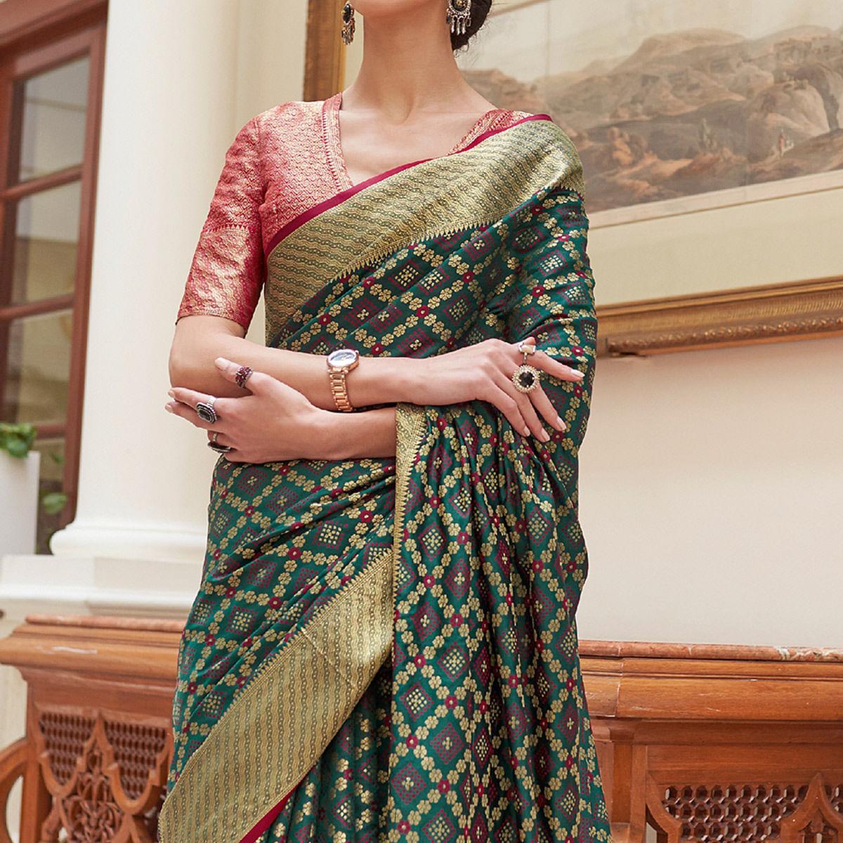 Green Woven Patola Banarasi Silk Saree - Peachmode