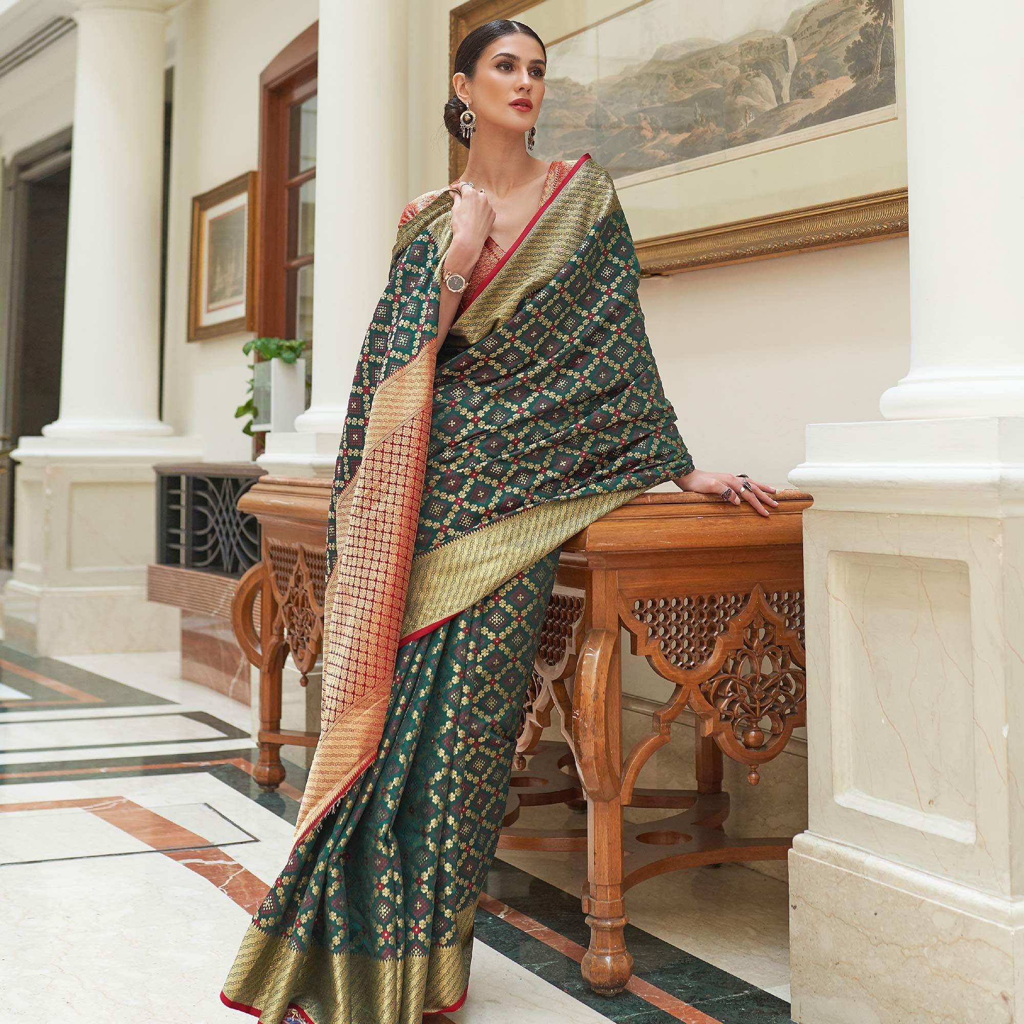 Green Woven Patola Banarasi Silk Saree - Peachmode