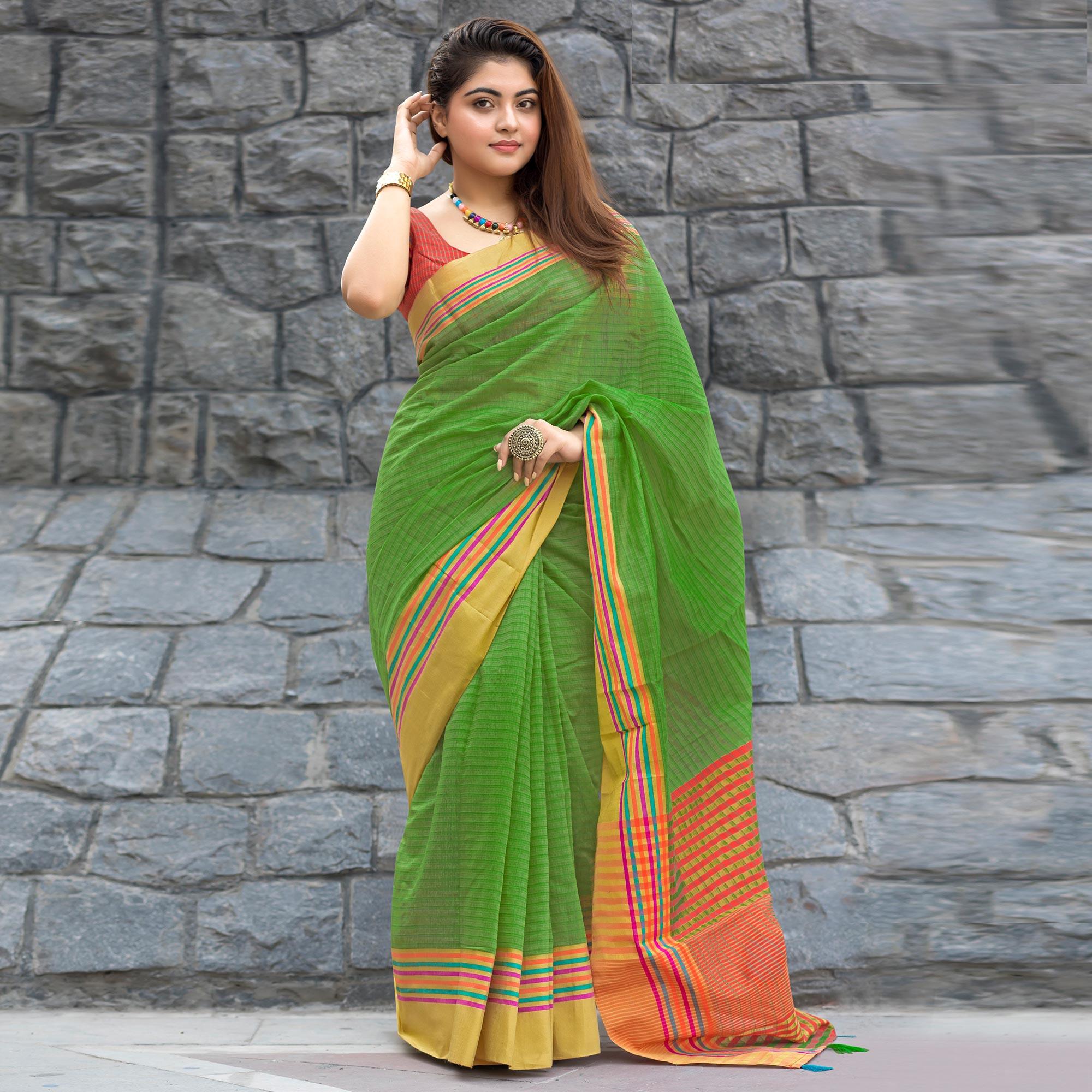 Green Woven Poly Cotton Saree - Peachmode