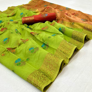 Green Woven Poly Cotton Saree - Peachmode