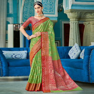 Green Woven Poly Cotton Saree - Peachmode