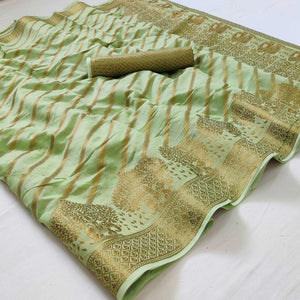 Green Woven Poly Cotton Saree - Peachmode