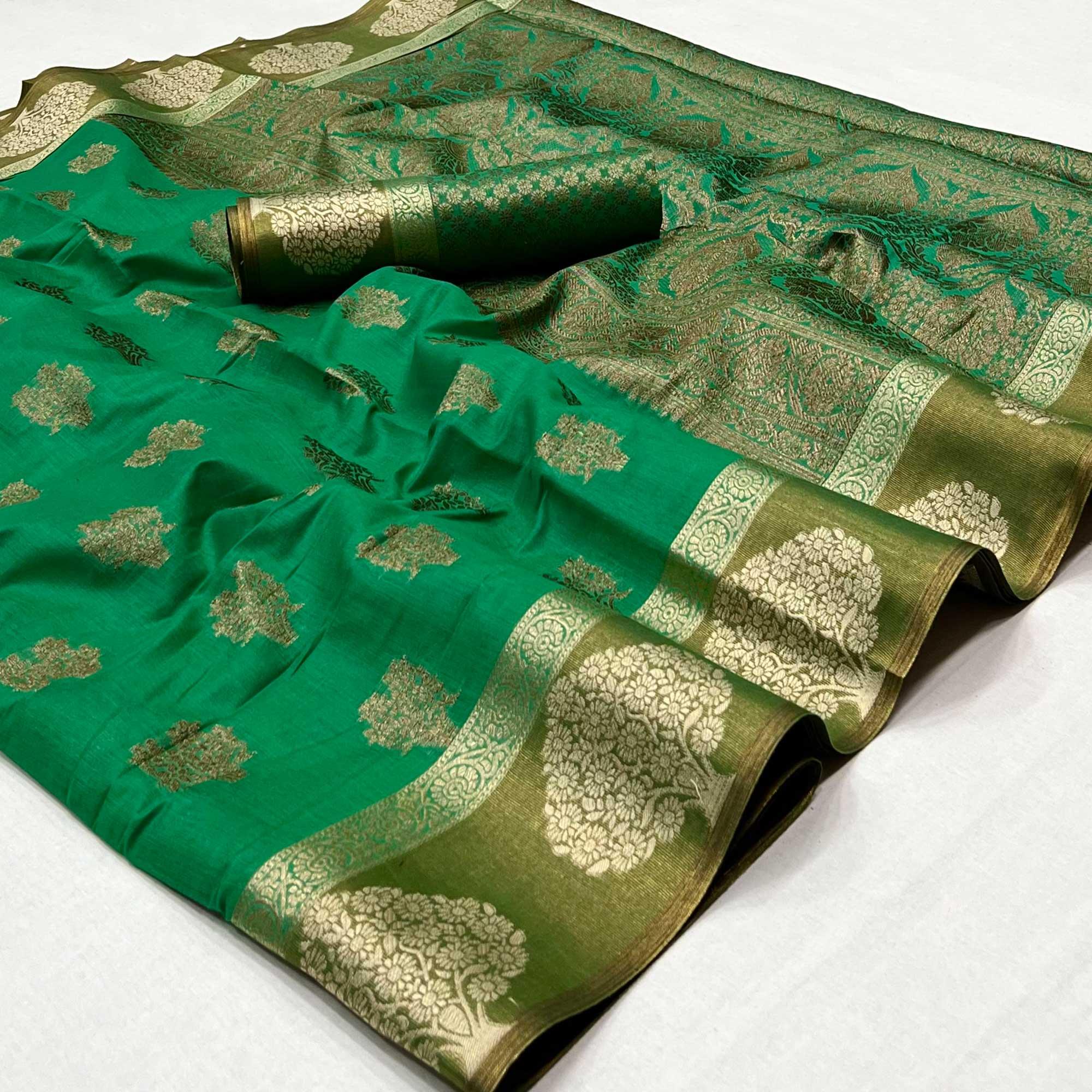 Green Woven Poly Cotton Saree - Peachmode