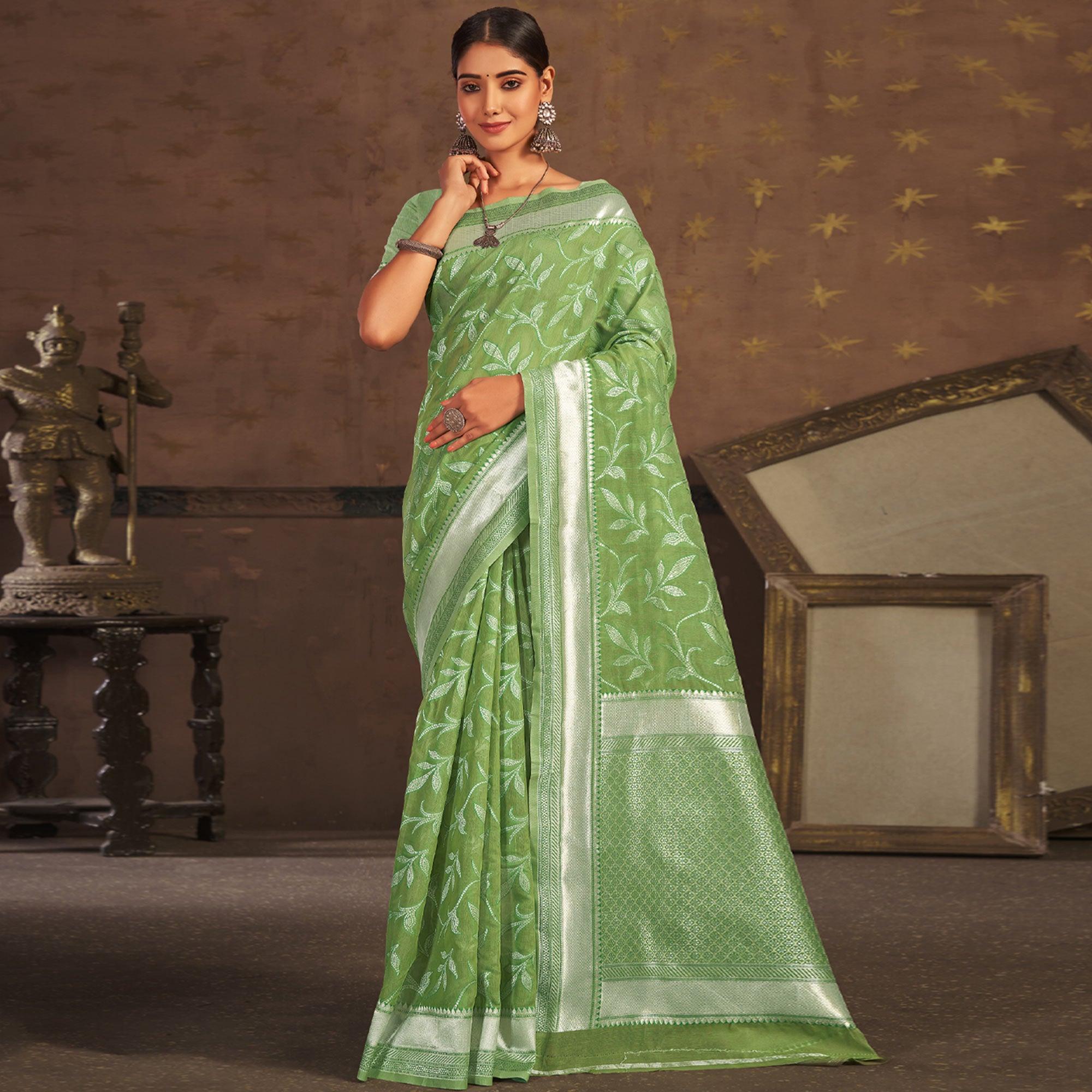 Green Woven Poly Cotton Saree - Peachmode