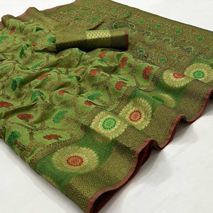 Green Woven Poly Cotton Saree - Peachmode