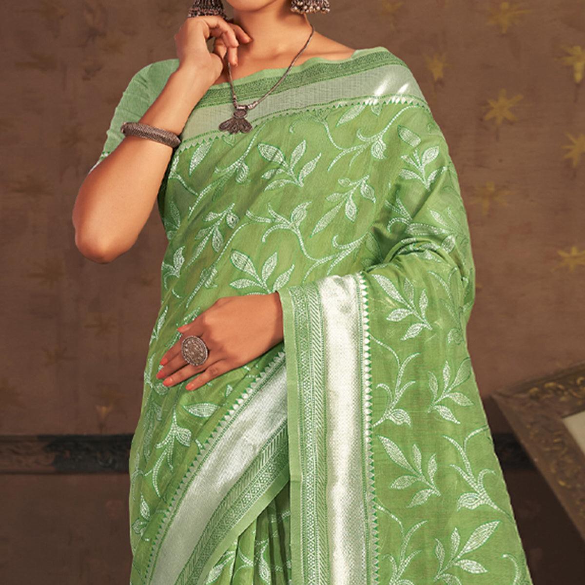 Green Woven Poly Cotton Saree - Peachmode