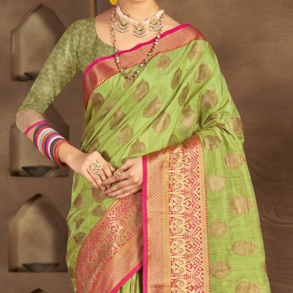 Green Woven Poly Cotton Saree - Peachmode