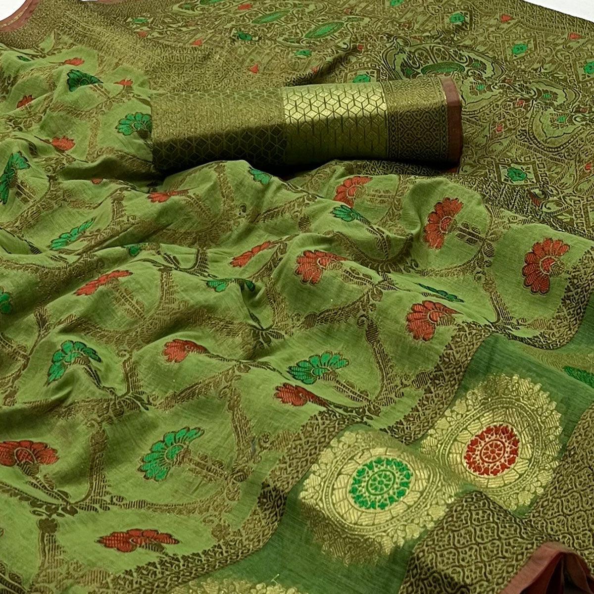 Green Woven Poly Cotton Saree - Peachmode