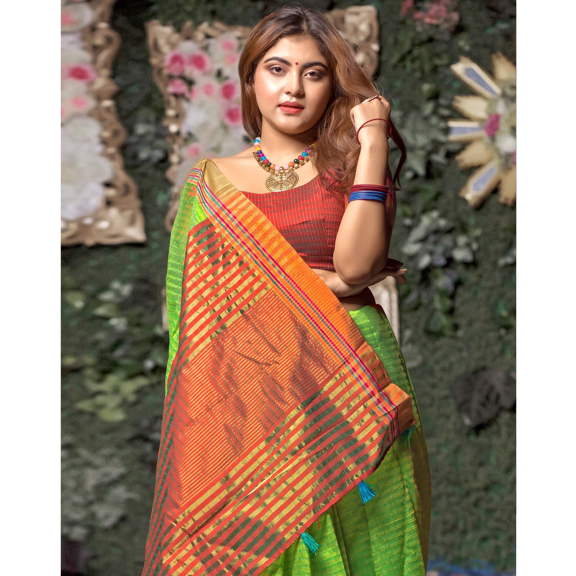 Green Woven Poly Cotton Saree - Peachmode