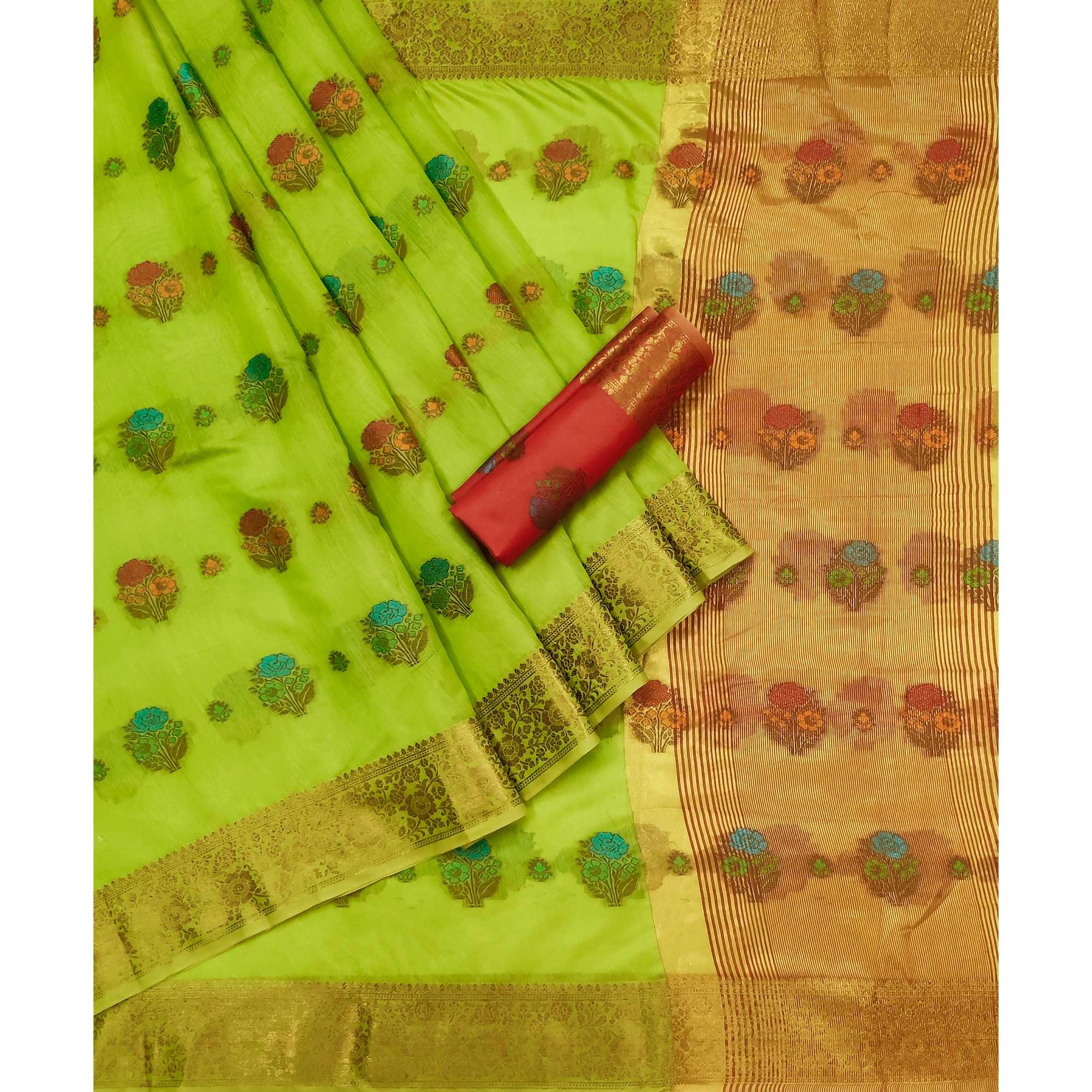 Green Woven Poly Cotton Saree - Peachmode