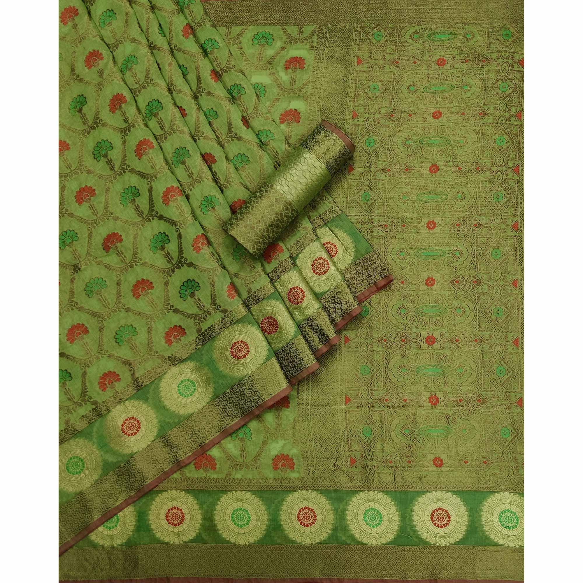 Green Woven Poly Cotton Saree - Peachmode