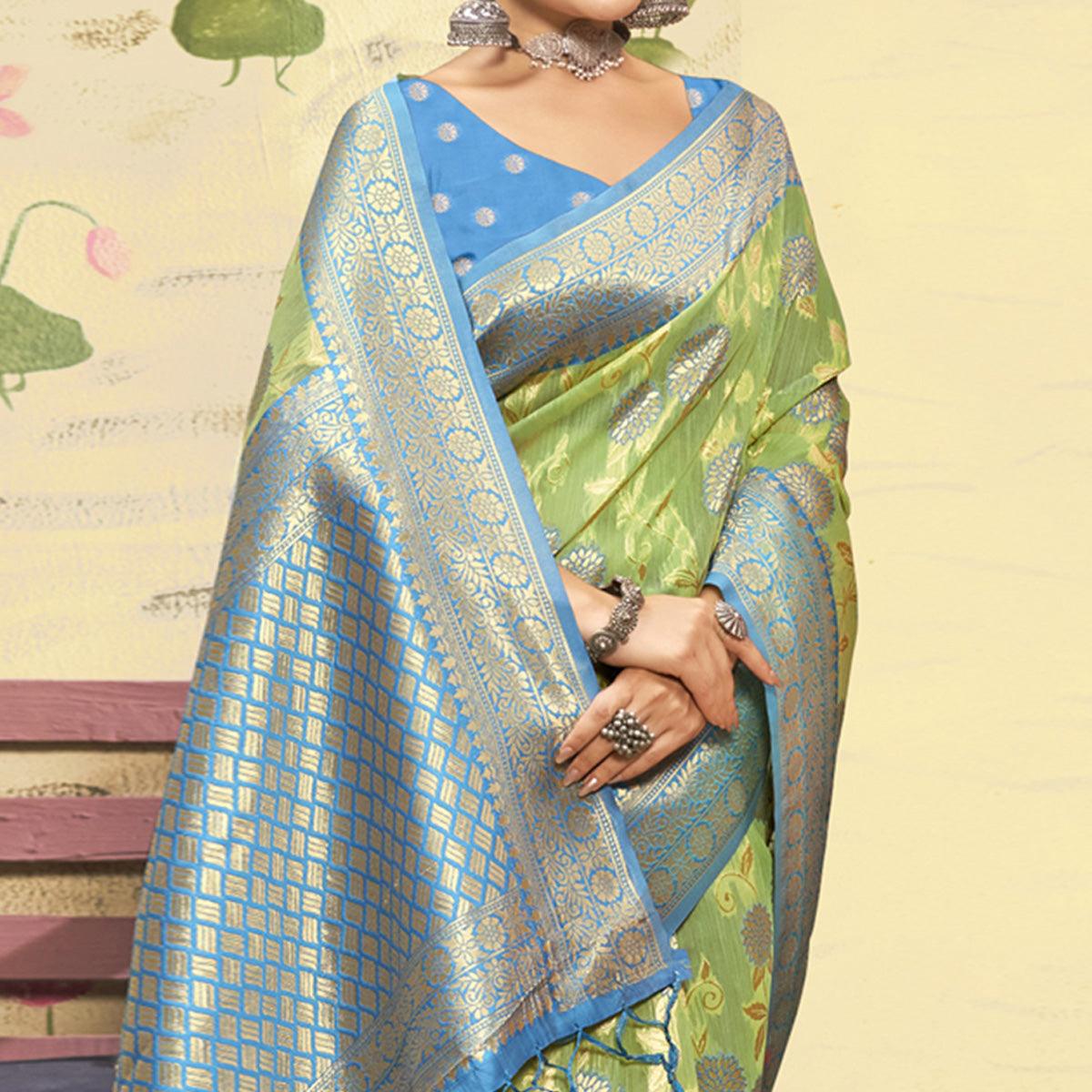 Green Woven Poly Cotton Saree With Tassels - Peachmode