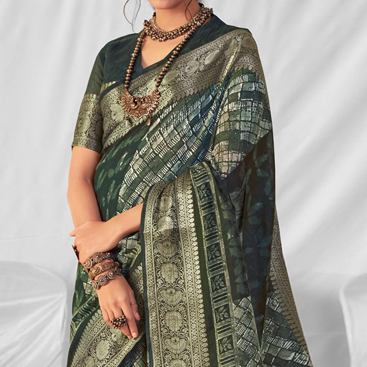 Green Woven-Printed Chanderi Saree - Peachmode