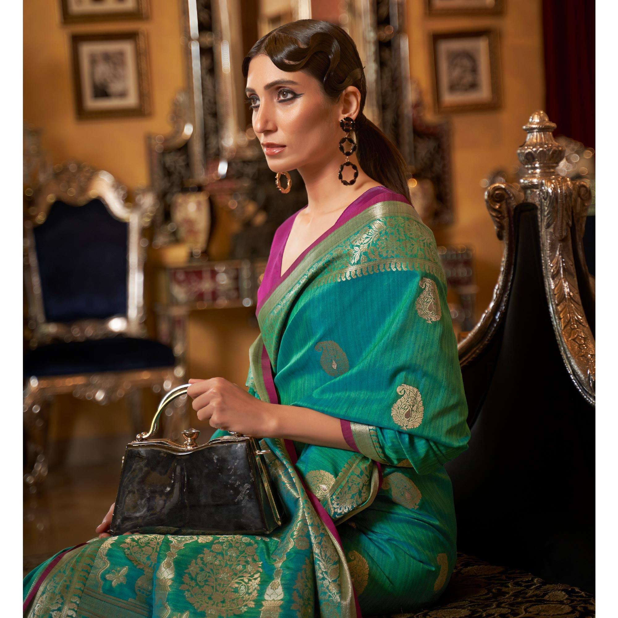 Green Woven Pure Silk Saree - Peachmode