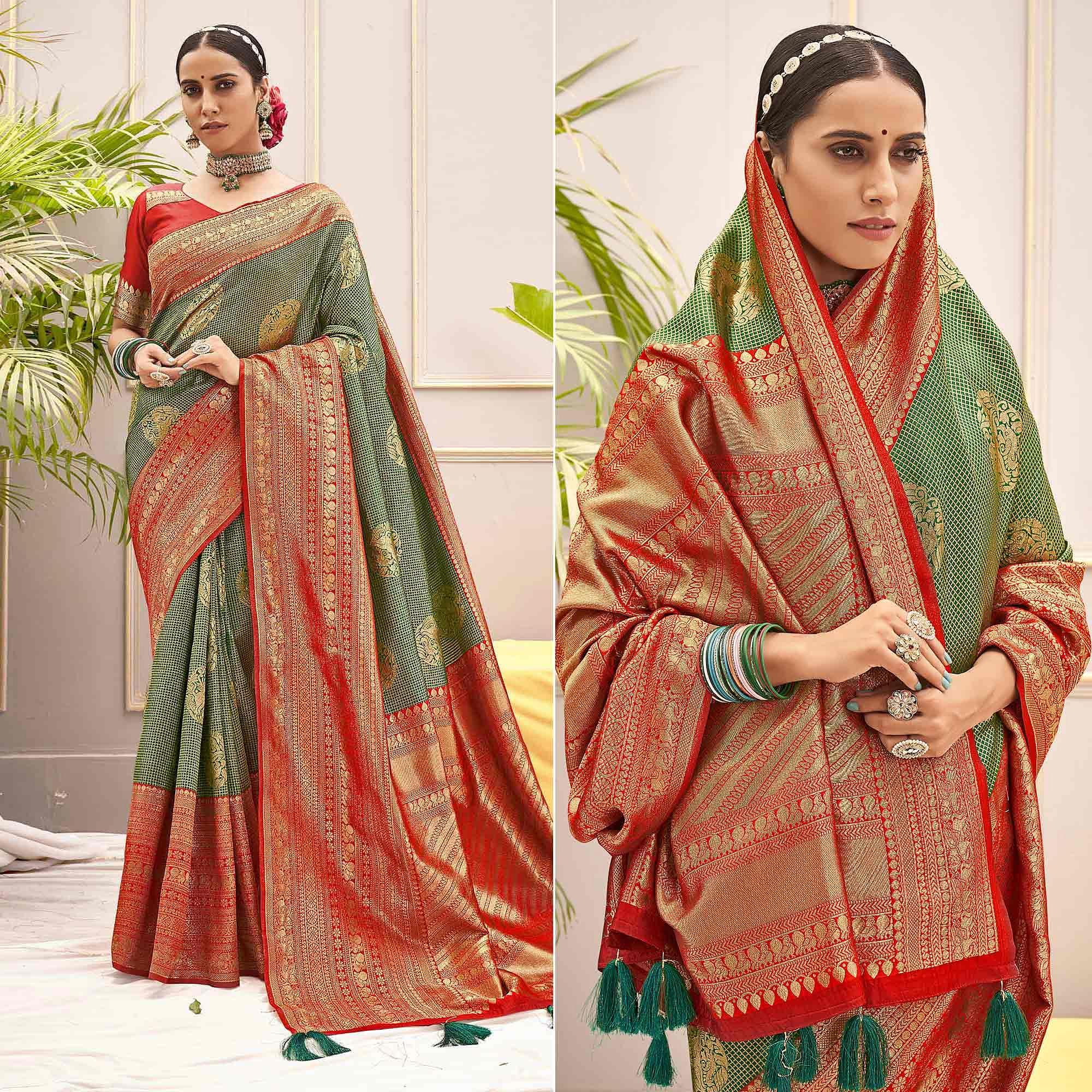 Green Woven Pure Silk Saree With Tassels - Peachmode