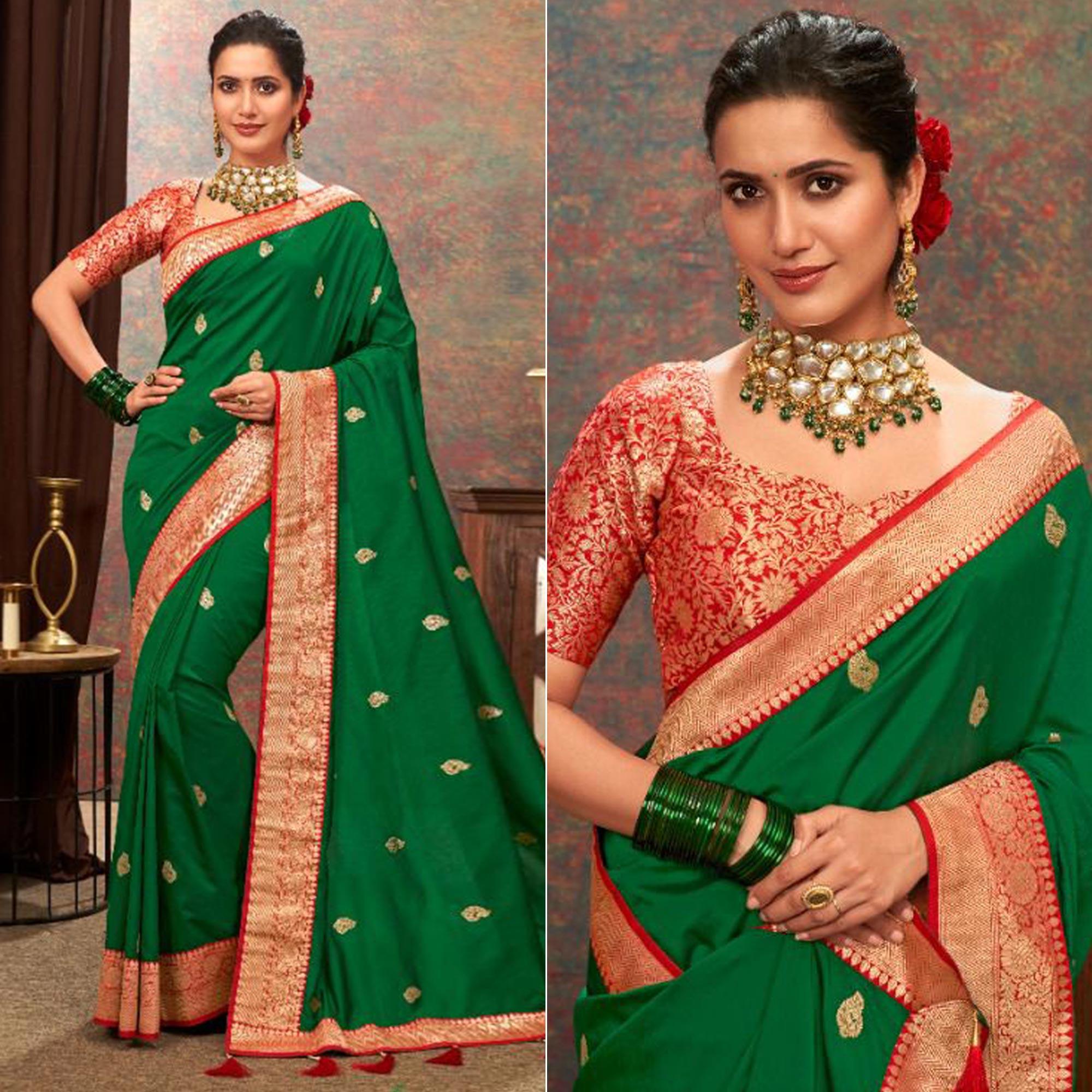 Green Woven Pure Silk Saree With Tassels - Peachmode