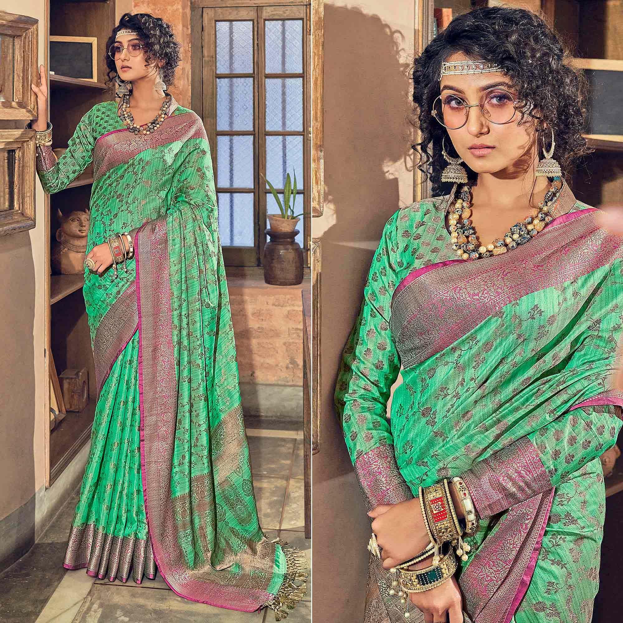 Green Woven Pure Silk Saree With Tassels - Peachmode