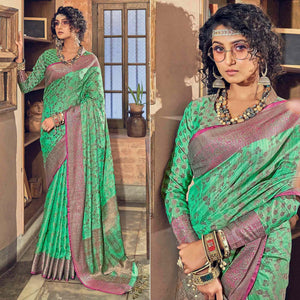Green Woven Pure Silk Saree With Tassels - Peachmode