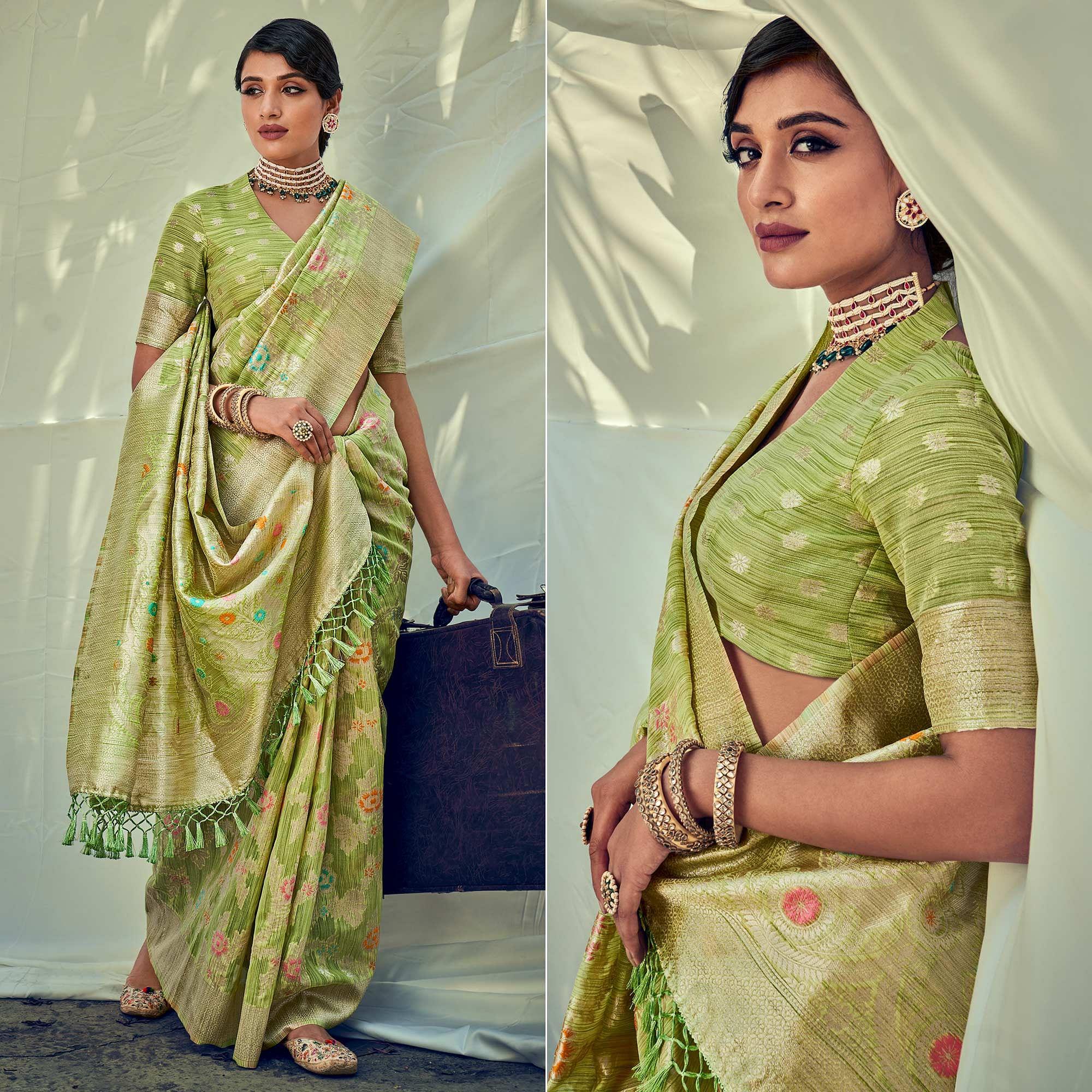 Green Woven Pure Silk Saree With Tassels - Peachmode