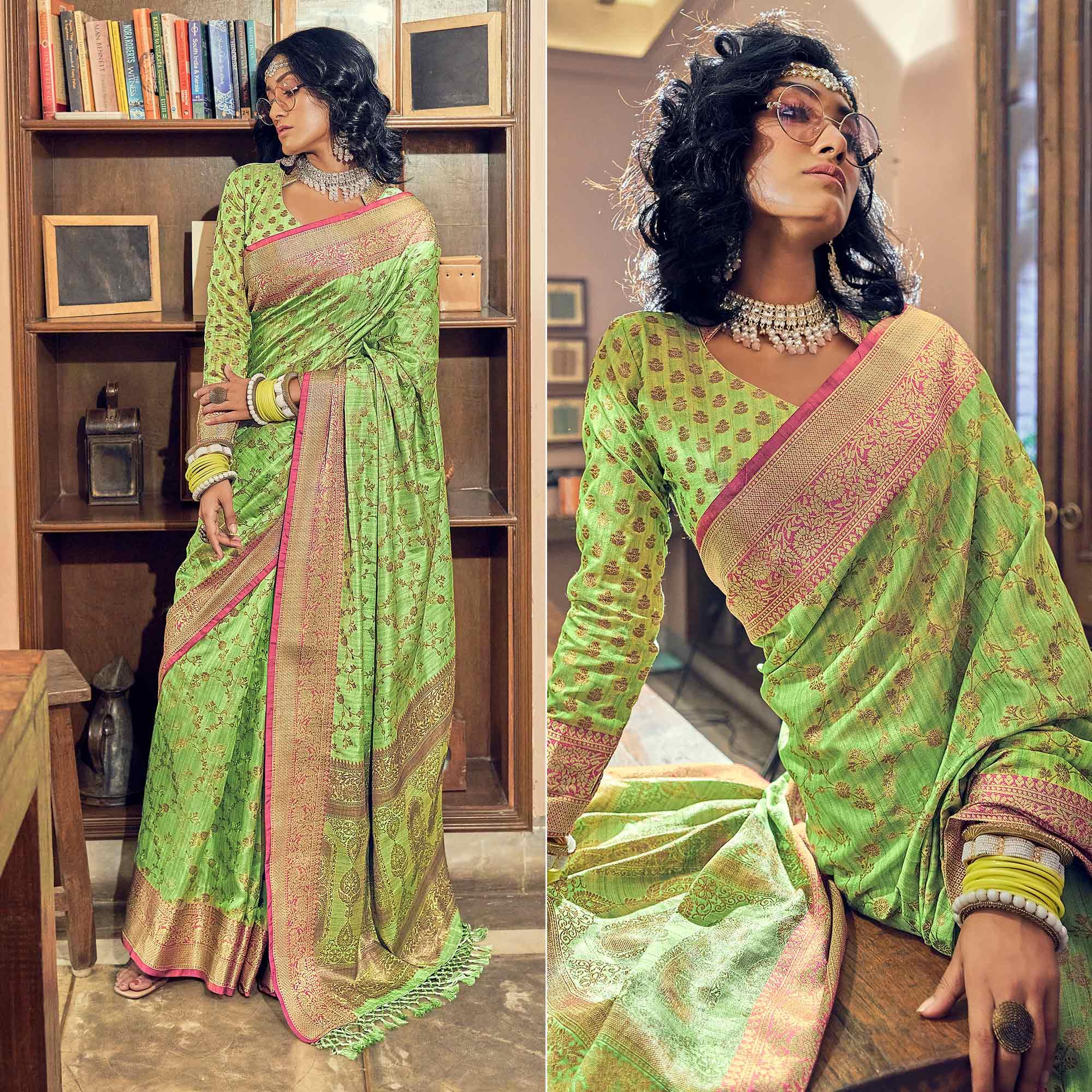 Green Woven Pure Silk Saree With Tassels - Peachmode