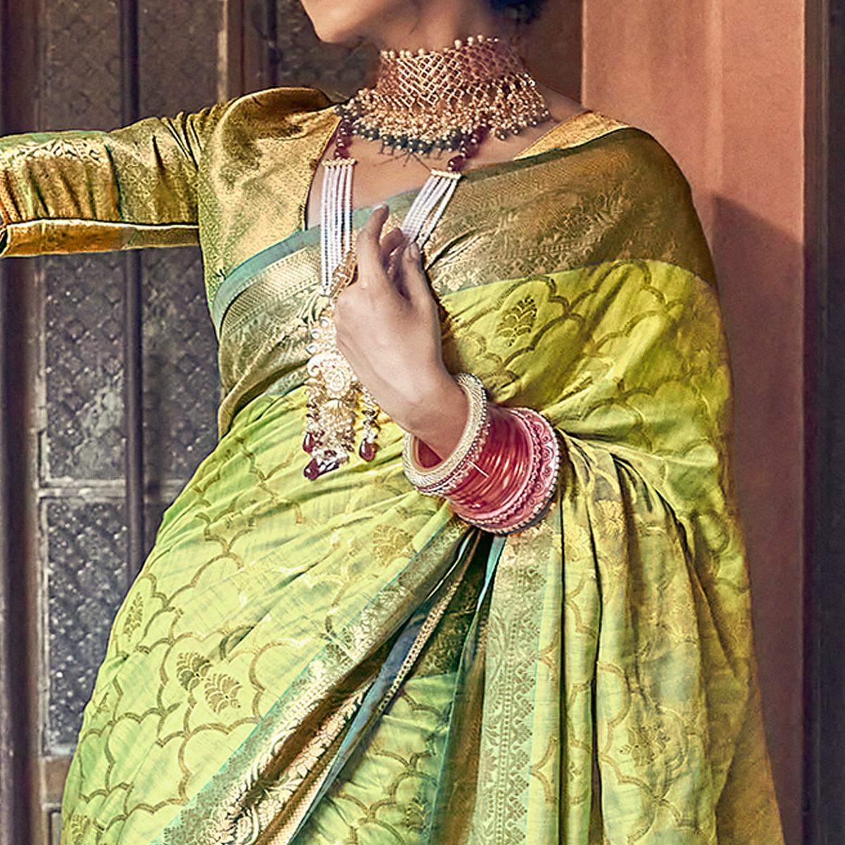 Green Woven Pure Silk Saree With Tassels - Peachmode