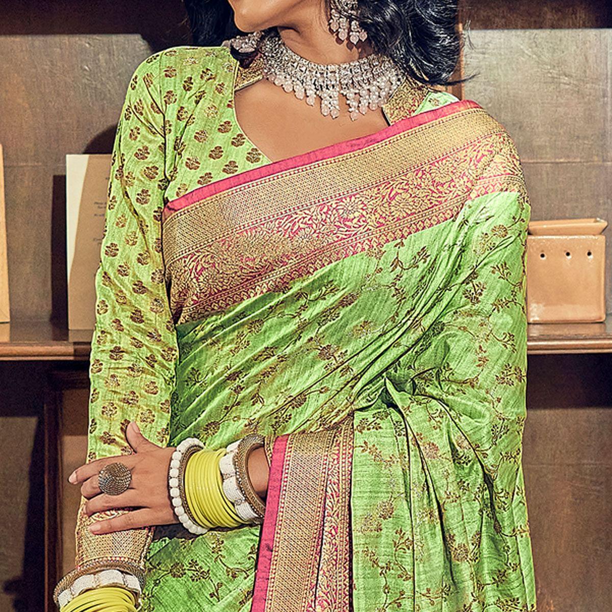 Green Woven Pure Silk Saree With Tassels - Peachmode