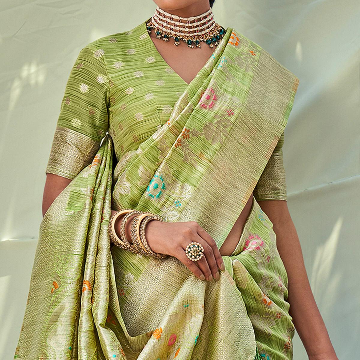 Green Woven Pure Silk Saree With Tassels - Peachmode