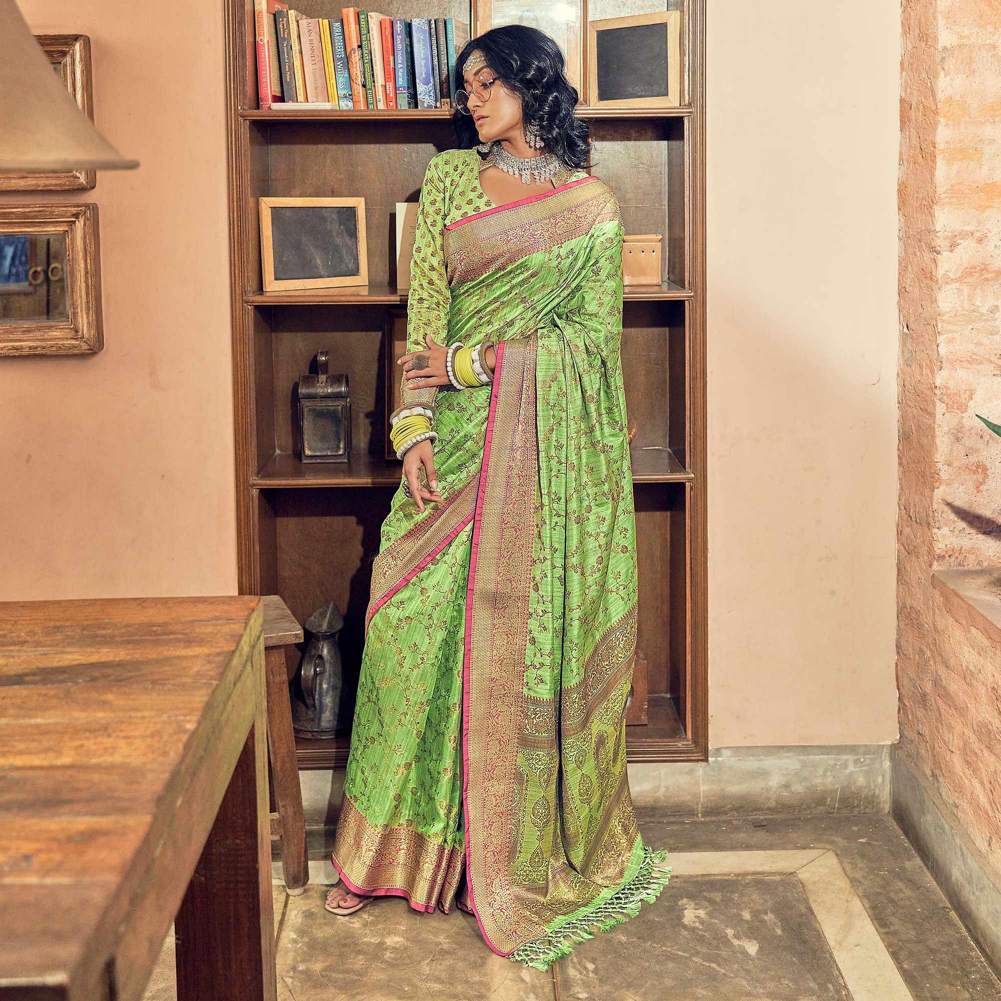 Green Woven Pure Silk Saree With Tassels - Peachmode