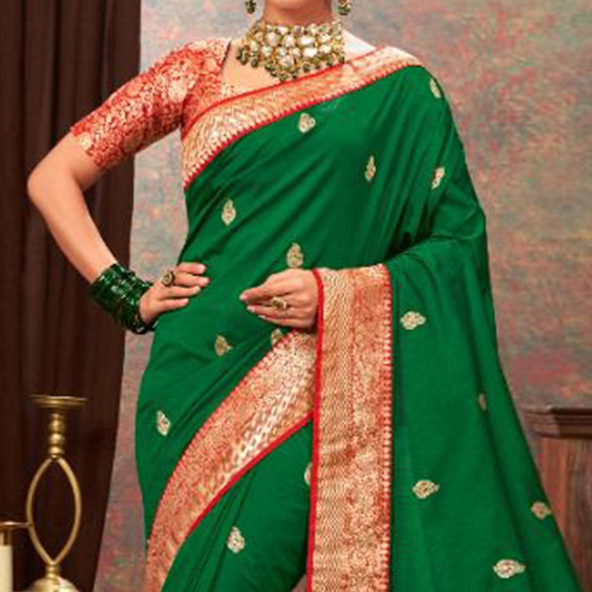 Green Woven Pure Silk Saree With Tassels - Peachmode